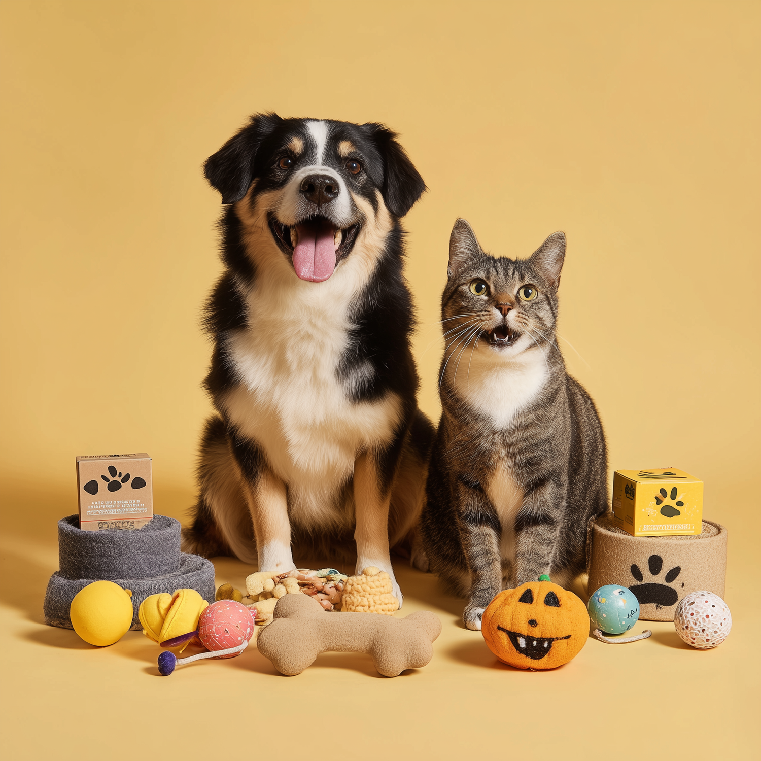 Happy border collie and tabby cat surrounded by popular DearFur toys, beds, and accessories