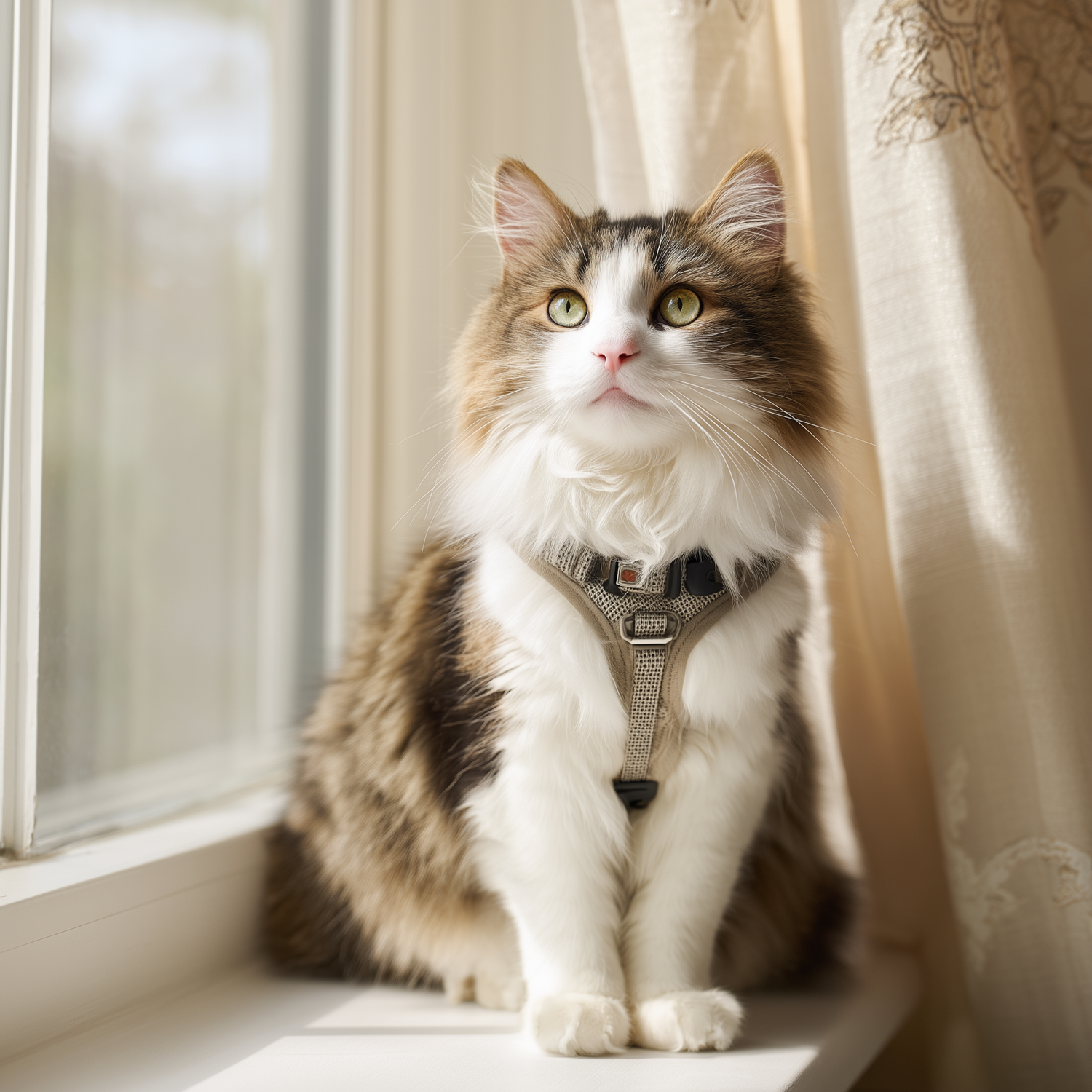 Fluffy tabby and white cat wearing a beige mesh harness sitting by a sunlit window