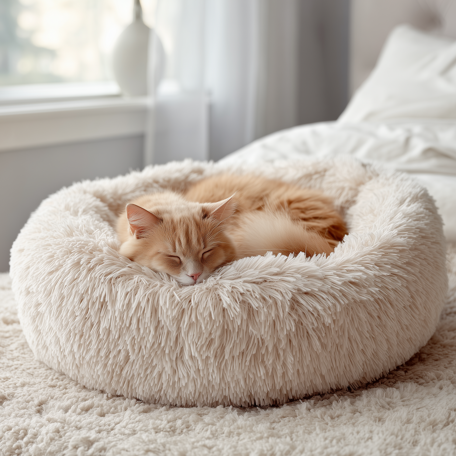 Orange tabby cat sleeping peacefully in a fluffy cream donut bed in a cozy bedroom