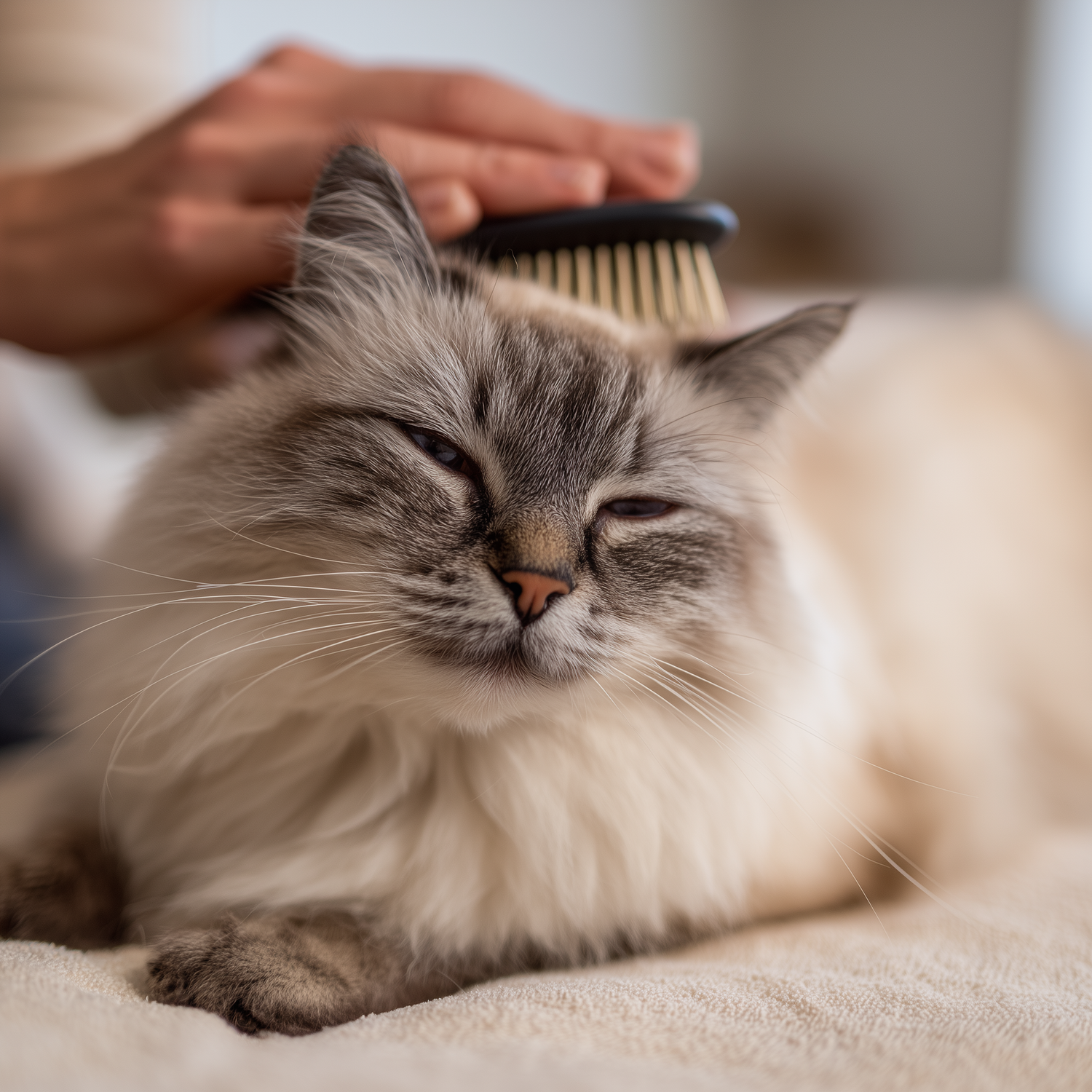 Relaxed long-haired cat being gently brushed with a grooming comb on a soft blanket
