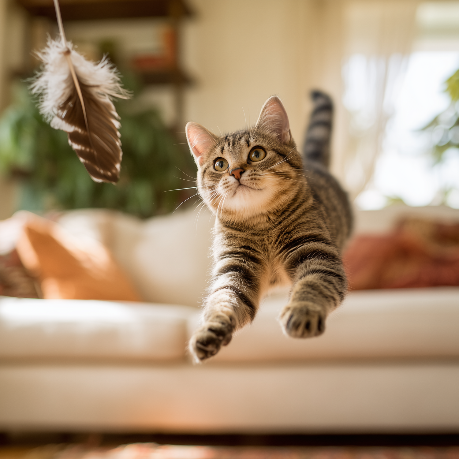 Playful tabby cat leaping mid-air to catch a feather wand toy in a bright living room