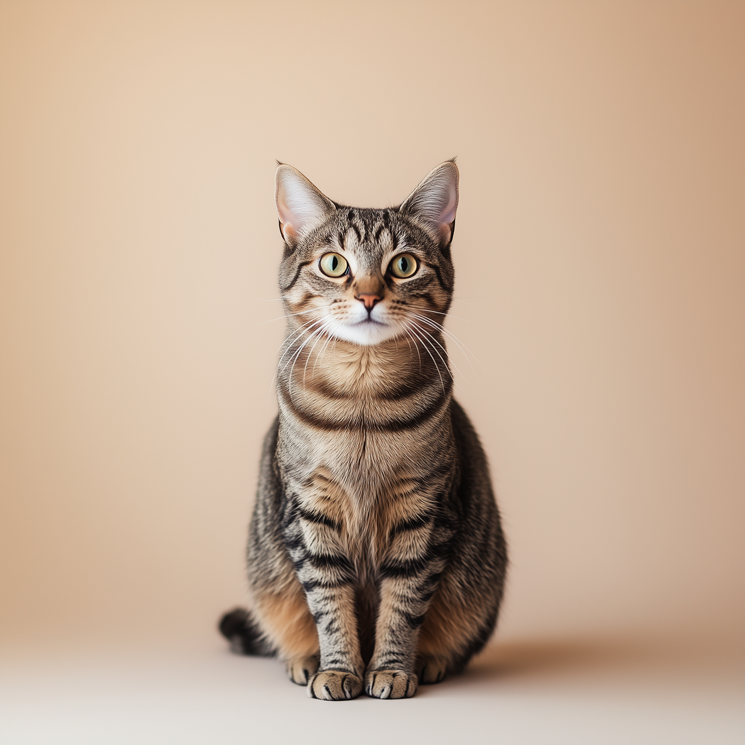 Attentive tabby cat sitting and looking up against a warm beige background