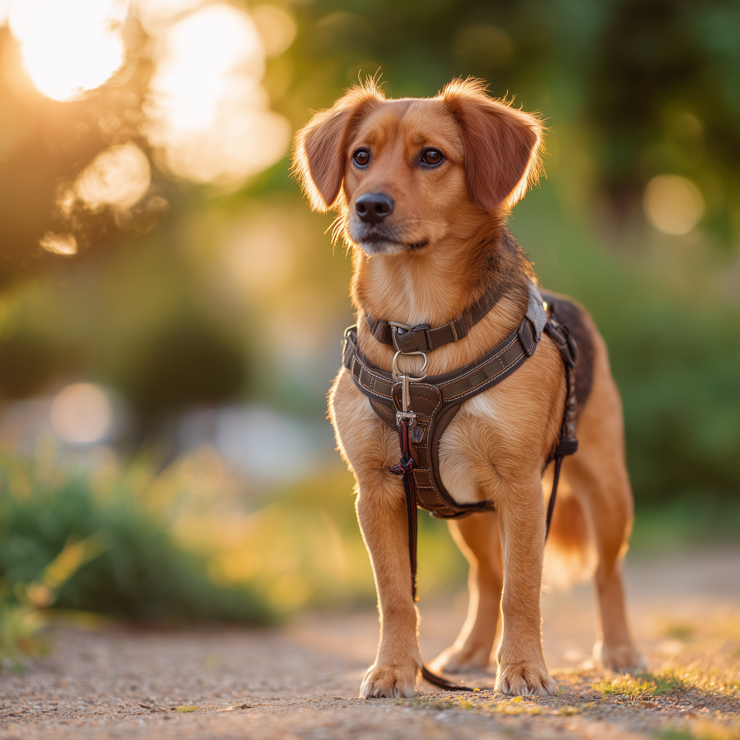 Small brown dog wearing a padded no-pull harness with leash attached at sunset