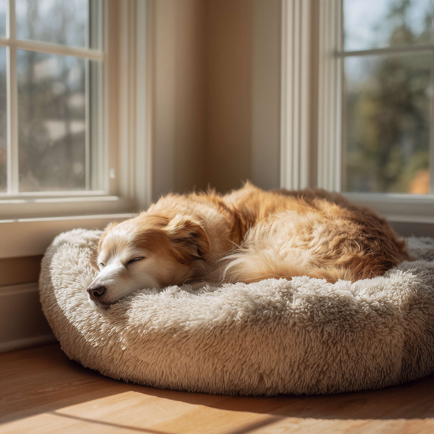 Golden dog sleeping peacefully in a fluffy cream calming donut bed by a sunny window