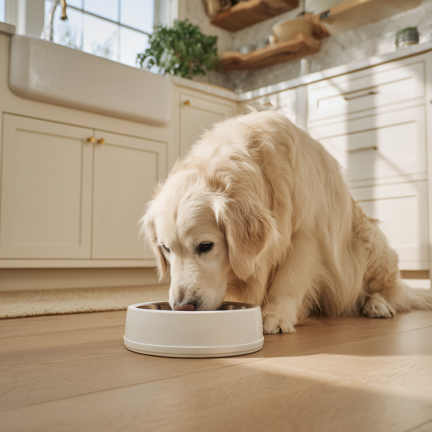 Golden retriever eating from a cream ceramic pet bowl in a bright modern kitchen