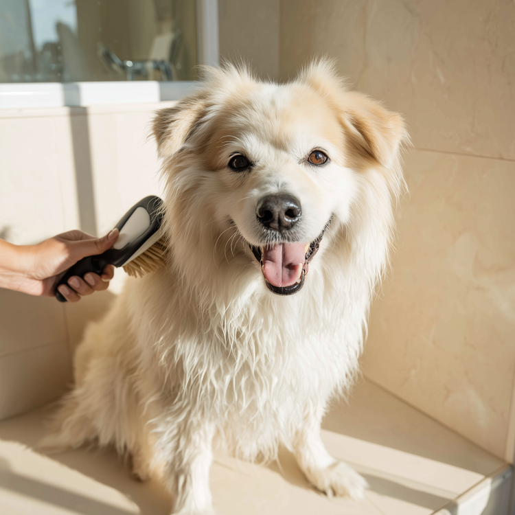 Happy fluffy white dog smiling while being brushed with a grooming tool in a bathroom