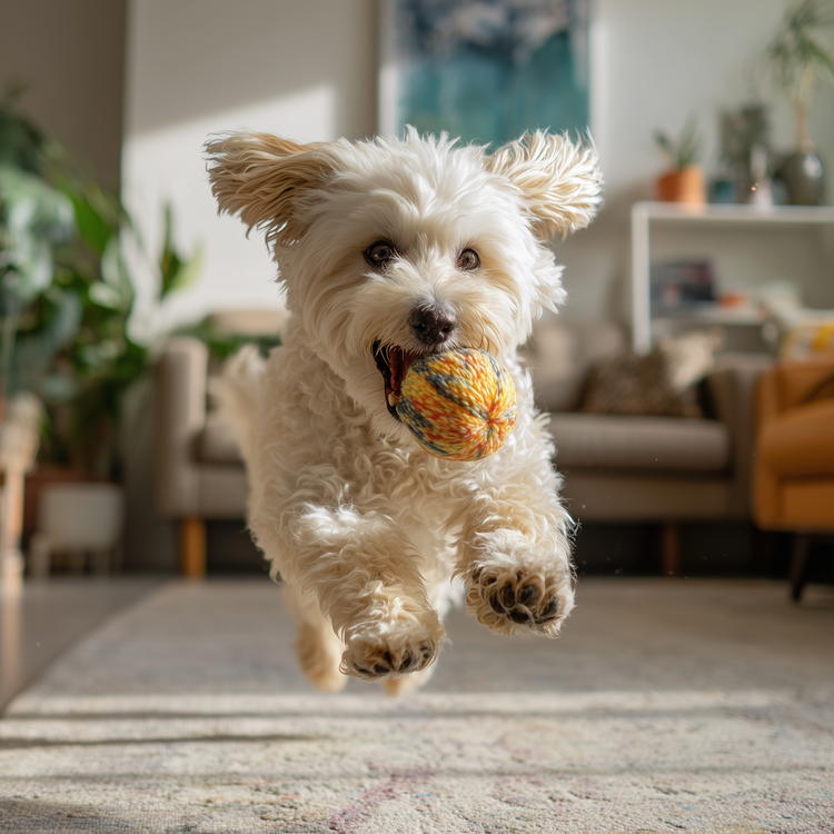 Fluffy white dog joyfully leaping mid-air with a colorful fetch ball in a modern home