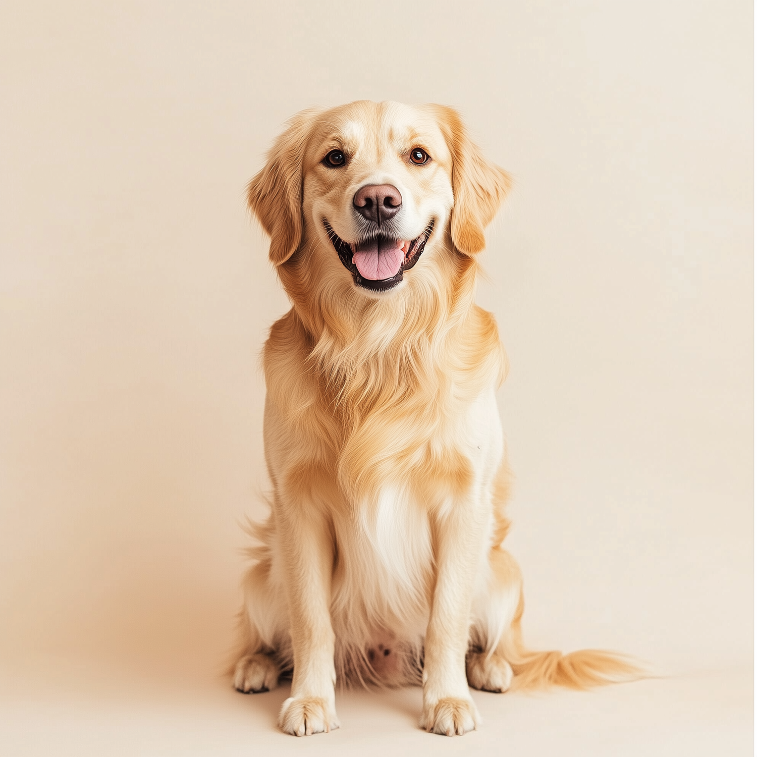 Happy golden retriever sitting and smiling against a warm cream background