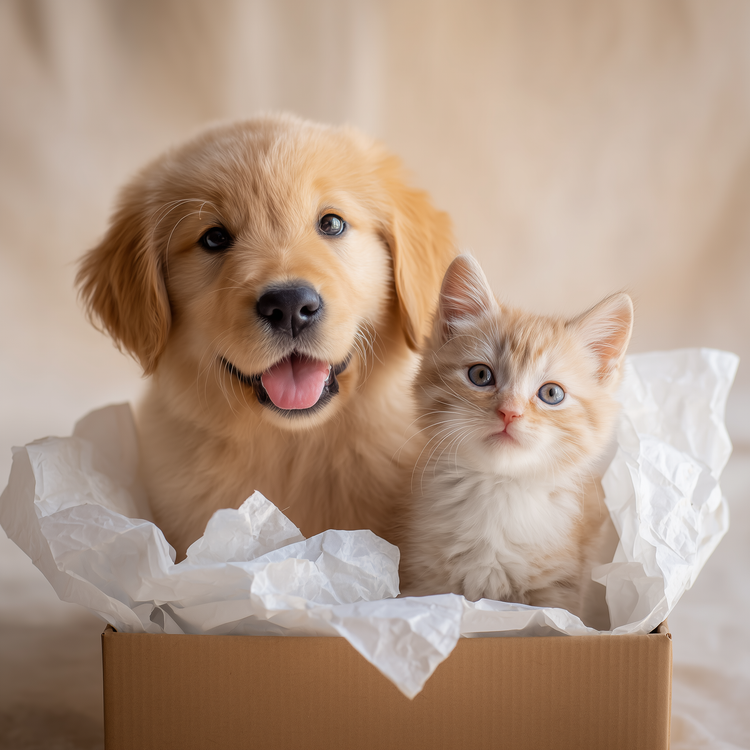 Golden retriever puppy and cream kitten peeking from an unboxed DearFur delivery