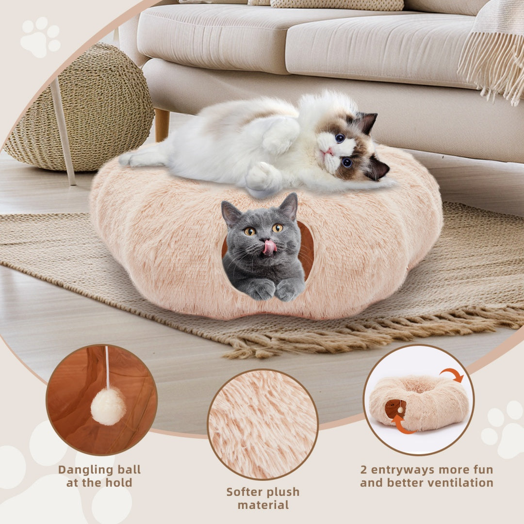 Cat Tunnel Bed — 2-in-1 Plush Cave & Donut