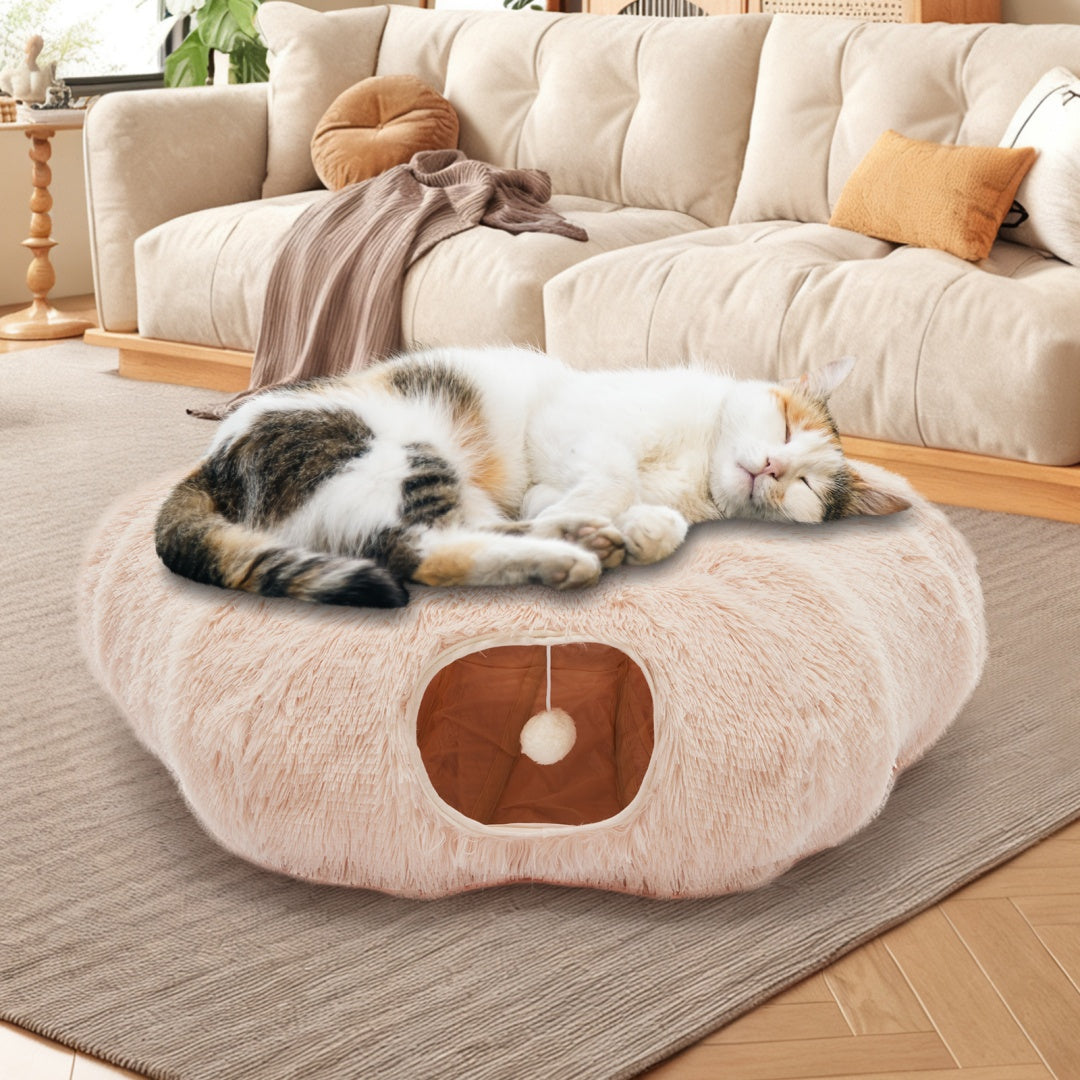 Cat Tunnel Bed — 2-in-1 Plush Cave & Donut