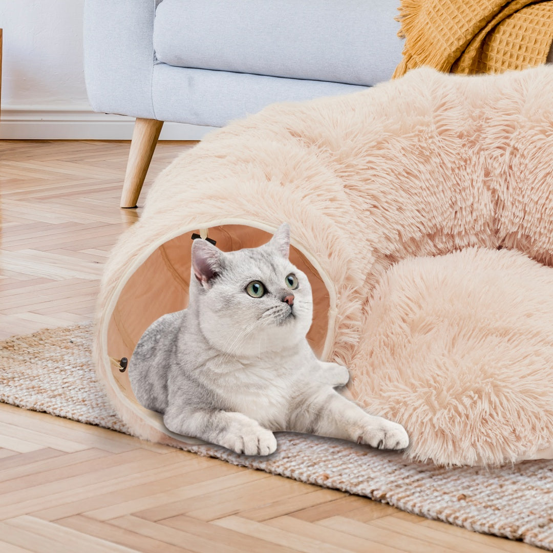 Cat Tunnel Bed — 2-in-1 Plush Cave & Donut