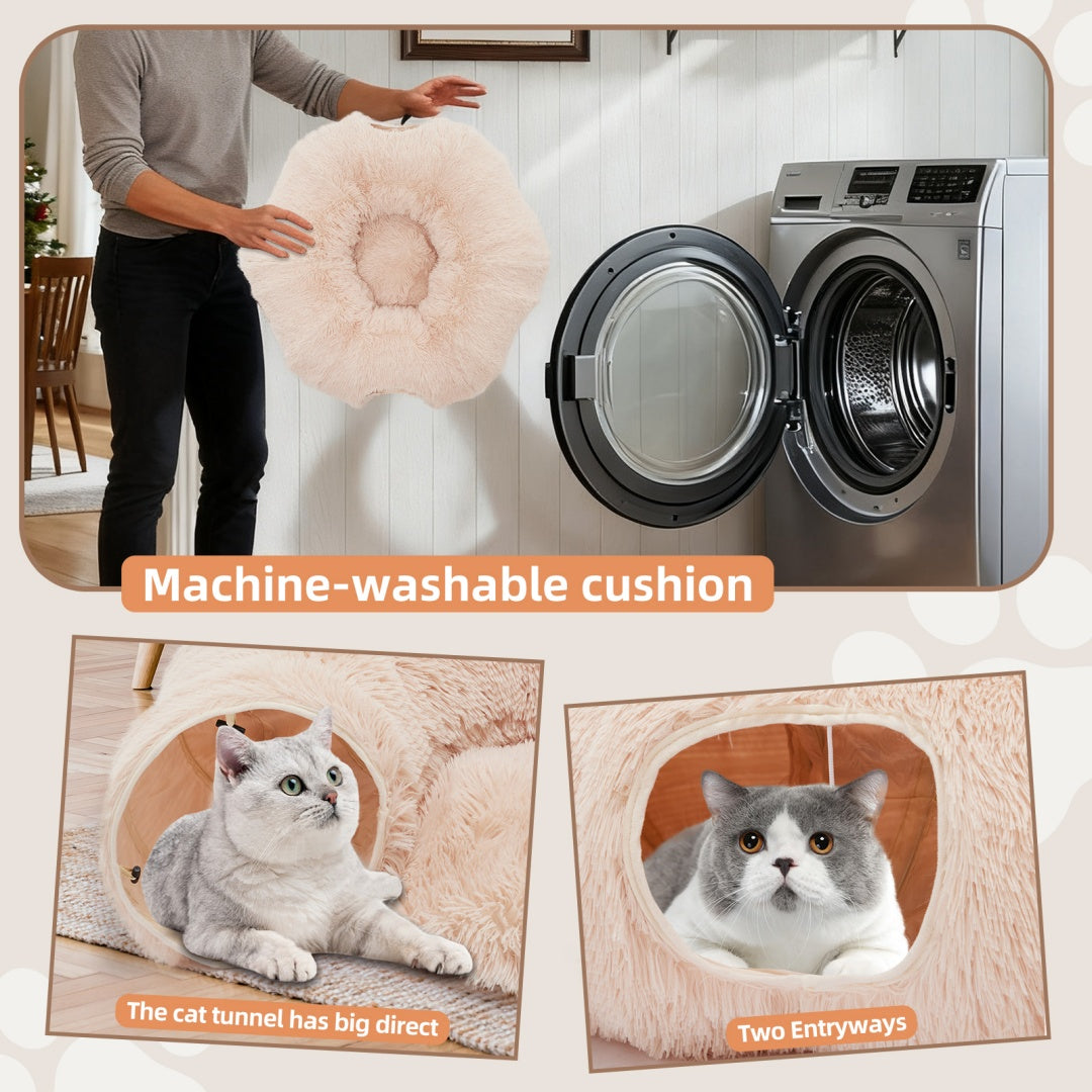 Cat Tunnel Bed — 2-in-1 Plush Cave & Donut