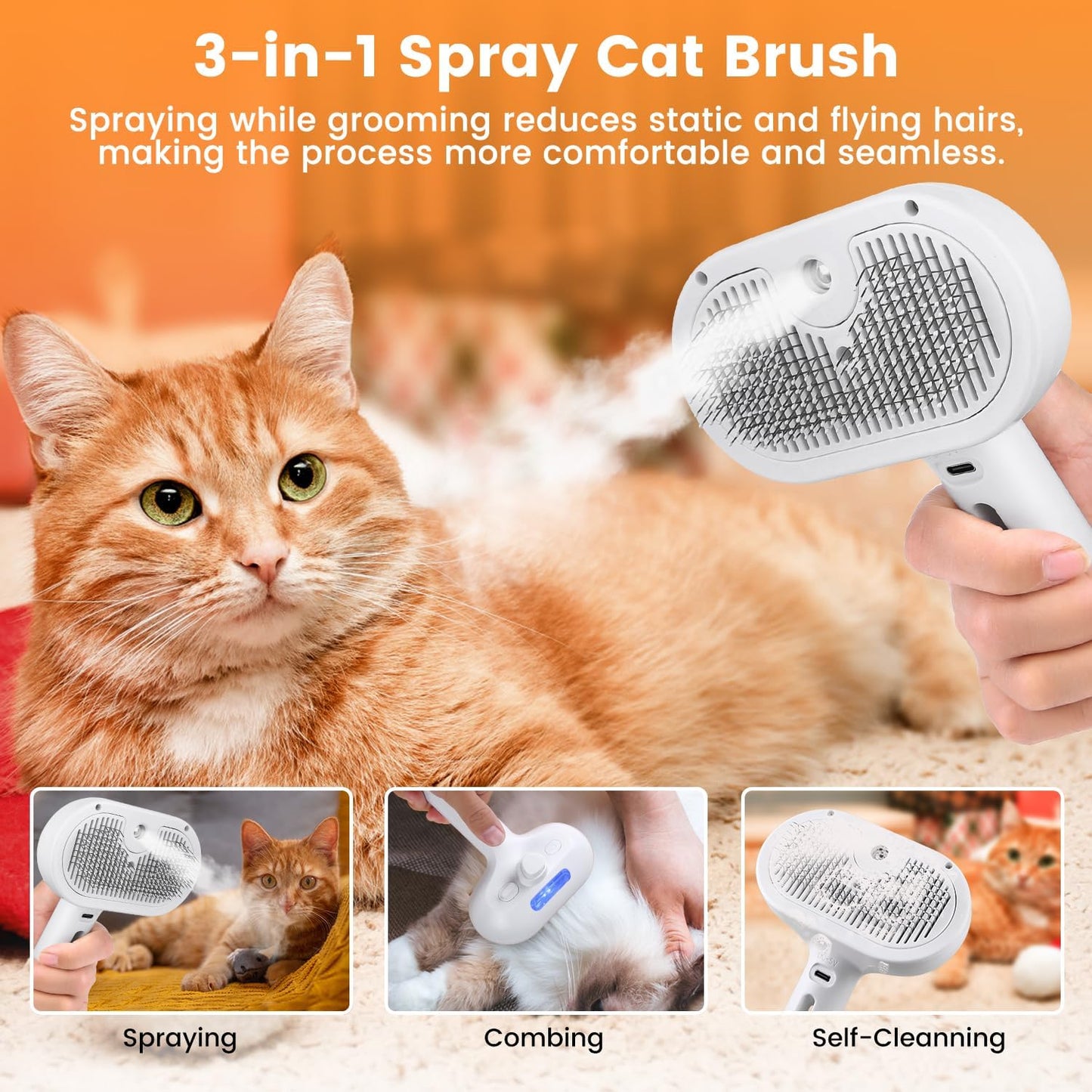 3-in-1 Steam Spray Pet Grooming Brush