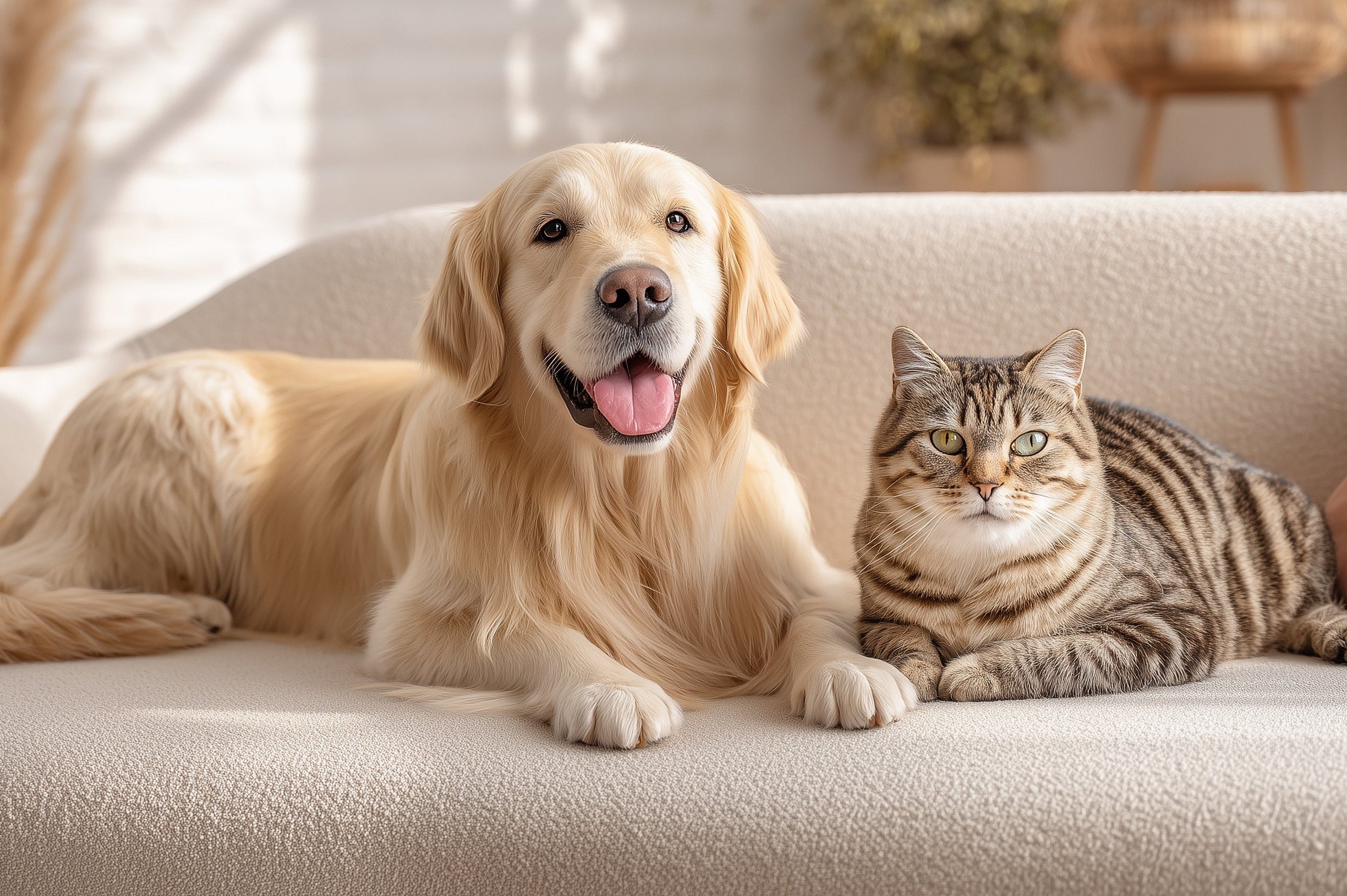 Happy golden retriever and tabby cat sitting together on a cream couch in a bright sunlit living room