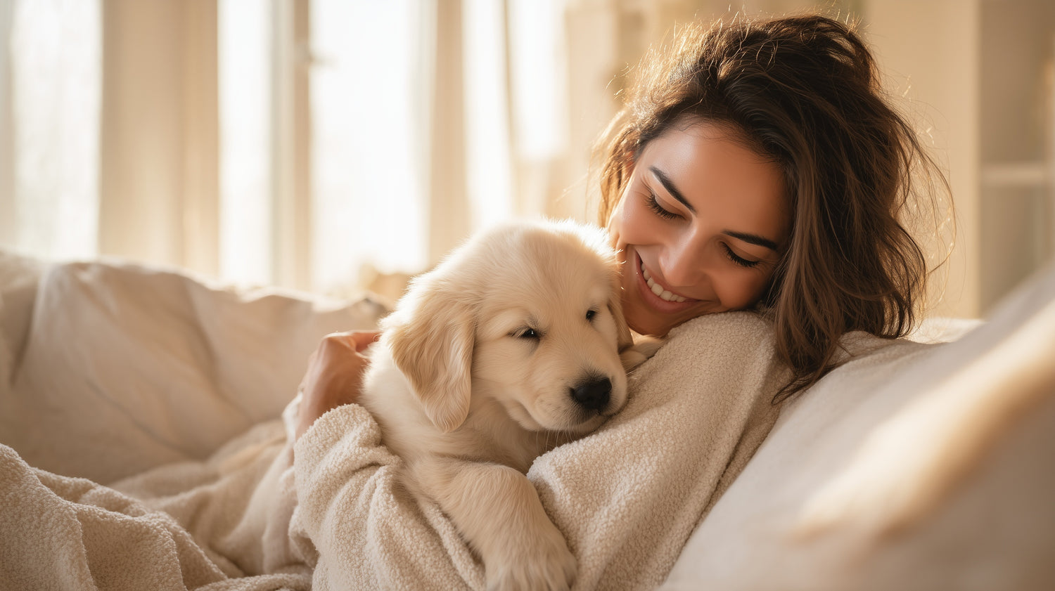 Smiling woman cuddling a golden retriever puppy wrapped in a soft cream blanket in a sunlit bedroom